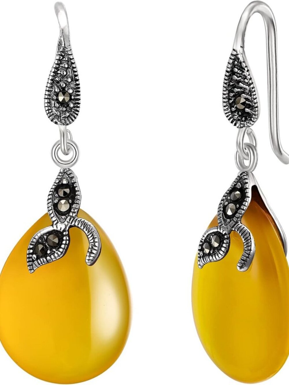 925 Sterling Silver Chalcedony Teardrop Hook Earrings - Retro Black Leaf Design